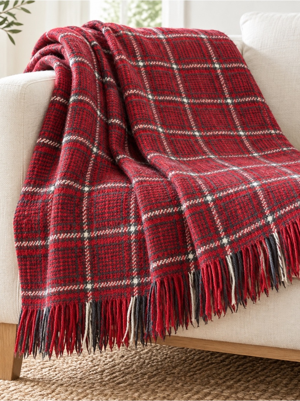 Vintage Pendleton 100% Pure Wool Red Plaid Tartan Throw Blanket Fringe